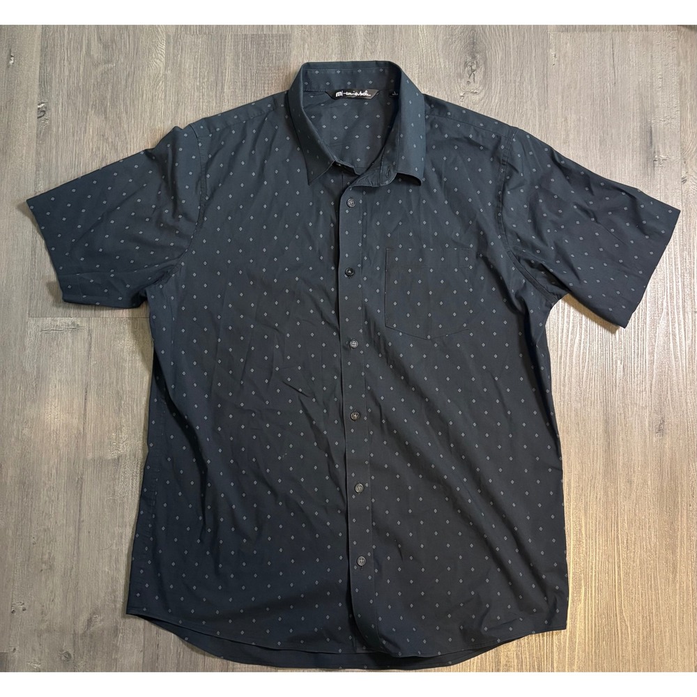 TravisMathew Button Down Shirt Mens Large Golf Black Diamond Print Short Sleeve